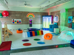 A room full of colorful sensory toys. 